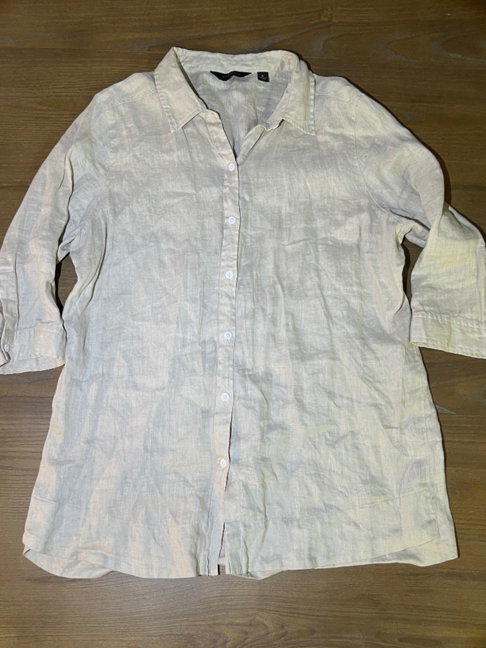 Investments 100% Linen Tunic Shirt Tan Button Up 3/4 Sleeve Boho Women's Size L